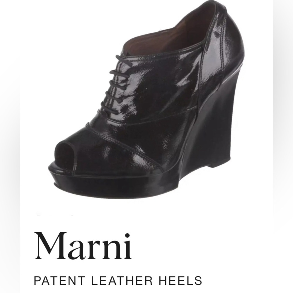❤️ MARNI — Great Peep toe, Lace up, Shiny Black Leather Wedge Heels ! ❤️ Size 37